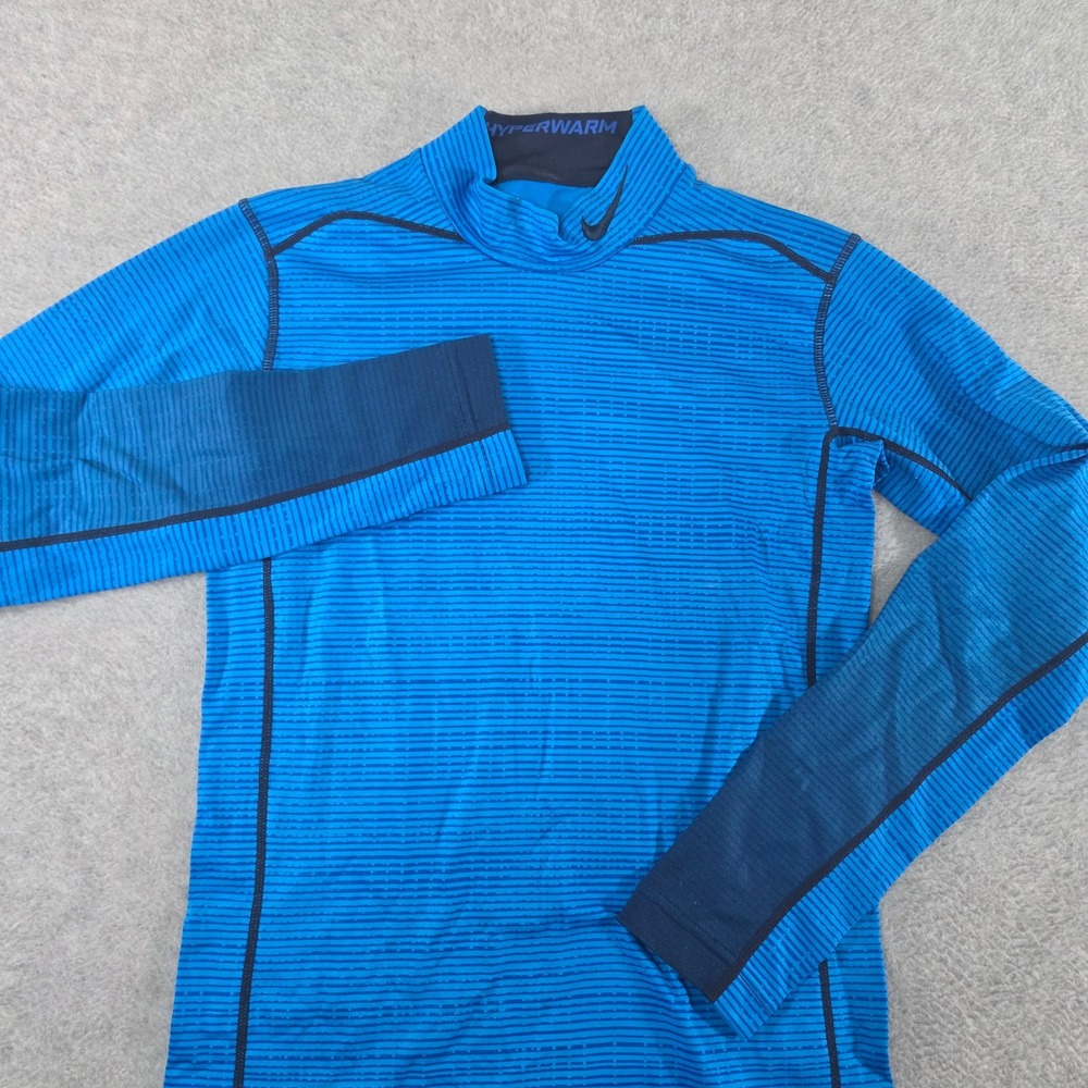 Nike Pro Combat Hyperwarm Compression Shirt Mens Small Blue Striped Mock Neck